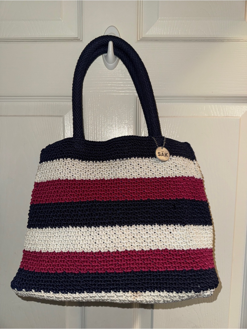 Vintage The Sak Crochet Knit Tote Red White Blue Striped Shoulder Bag Y2K